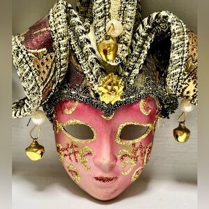 Vintage Red Venetian Jester--Style Carnival Mask Home Decor Art 5in